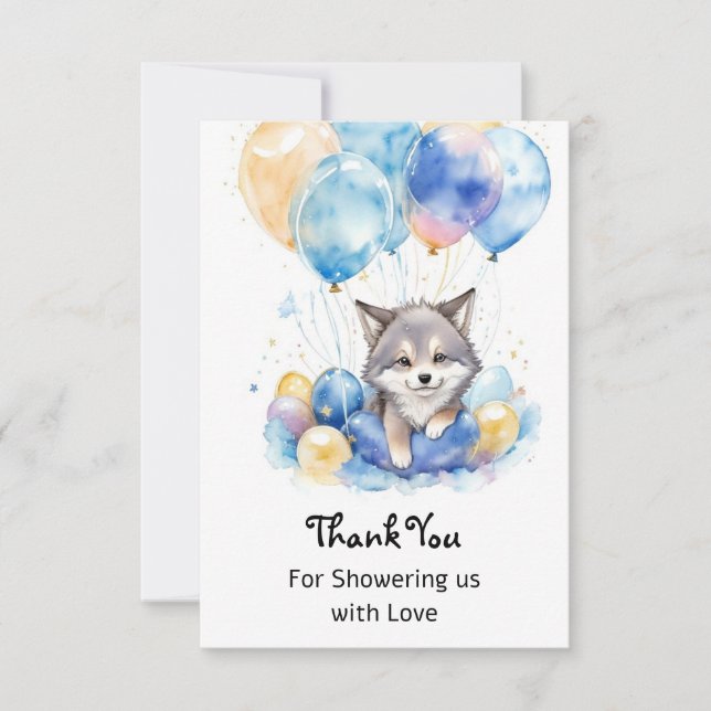 Watercolor Whimsical Wolf Cub Baby Shower Thank You Card (Front)