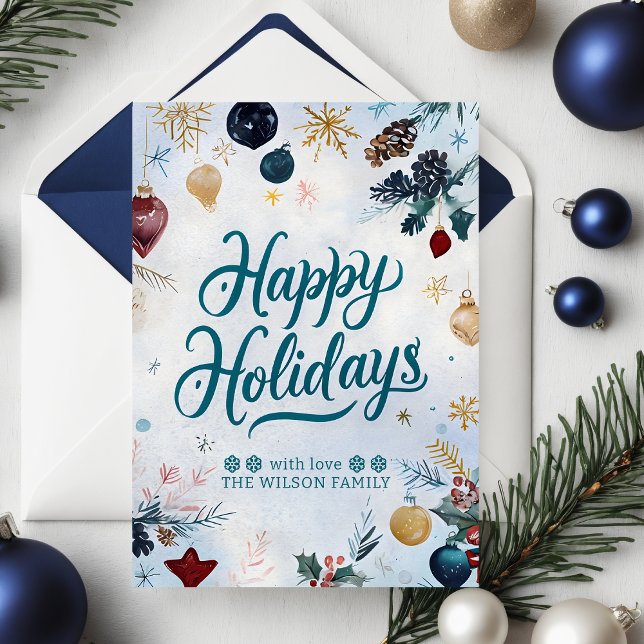 Watercolor Whimsy Festive Ornaments Christmas Holiday Postcard (Watercolor Whimsy Festive Ornaments Christmas Holiday Card)
