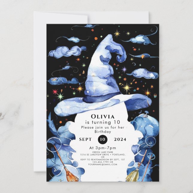 Watercolor Whimsy Wand Wizard Birthday Invitation (Front)