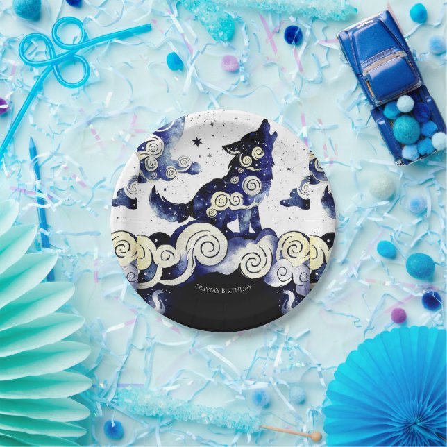 Watercolor Whimsy Wolf Birthday Paper Plate (Party)