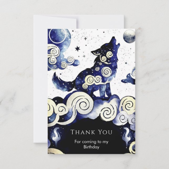 Watercolor Whimsy Wolf Birthday Thank You Card (Front)