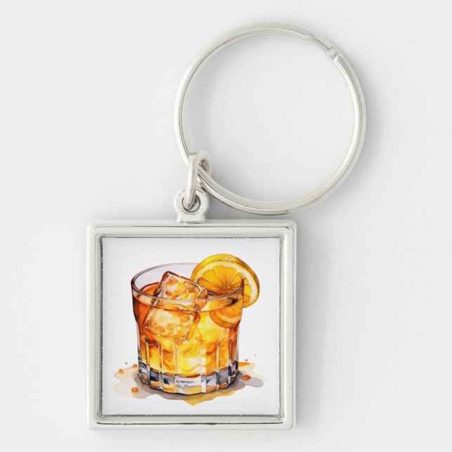 Watercolor Whiskey Drink Key Ring (Front)