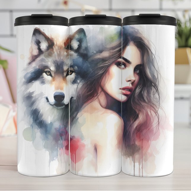 Watercolor Whispers: Woman and Wolf. Thermal Tumbler (Creator Uploaded)