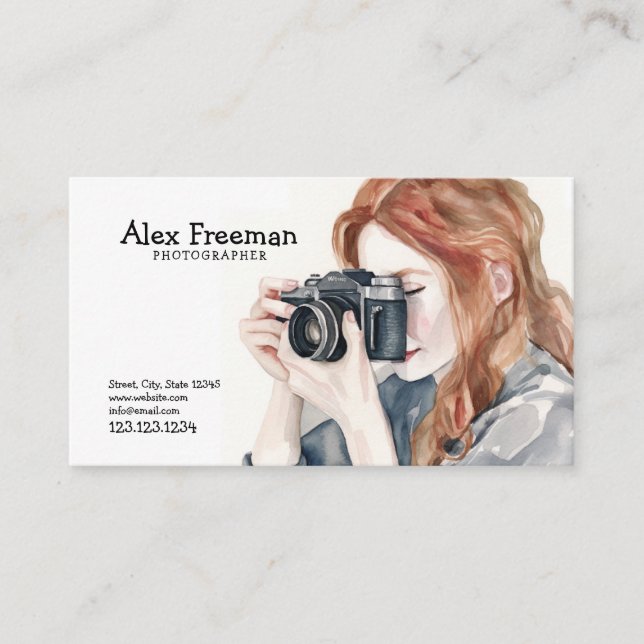 Watercolor White and Black Female Photographer Business Card (Front)