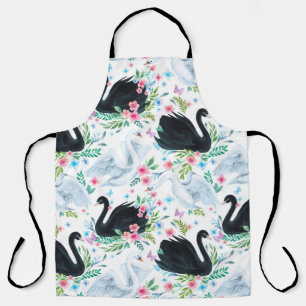 Watercolor white and black swan lake seamless patt apron
