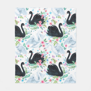 Watercolor white and black swan lake seamless patt fleece blanket