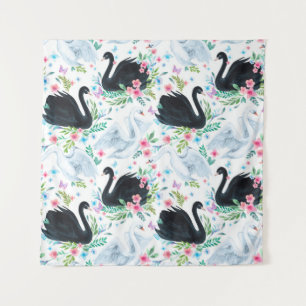 Watercolor white and black swan lake seamless patt tapestry