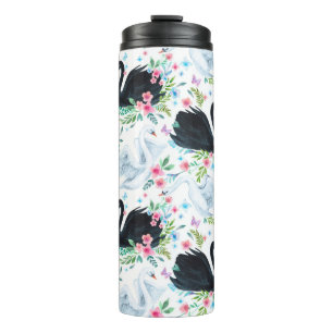 Watercolor white and black swan lake seamless patt thermal tumbler