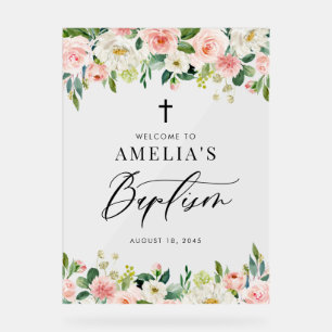 Watercolor White and Blush Floral Garland Baptism Acrylic Sign