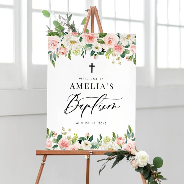 Watercolor White and Blush Floral Garland Baptism Poster (Watercolor White and Blush Pink Floral Garland Baptism Welcome Sign)