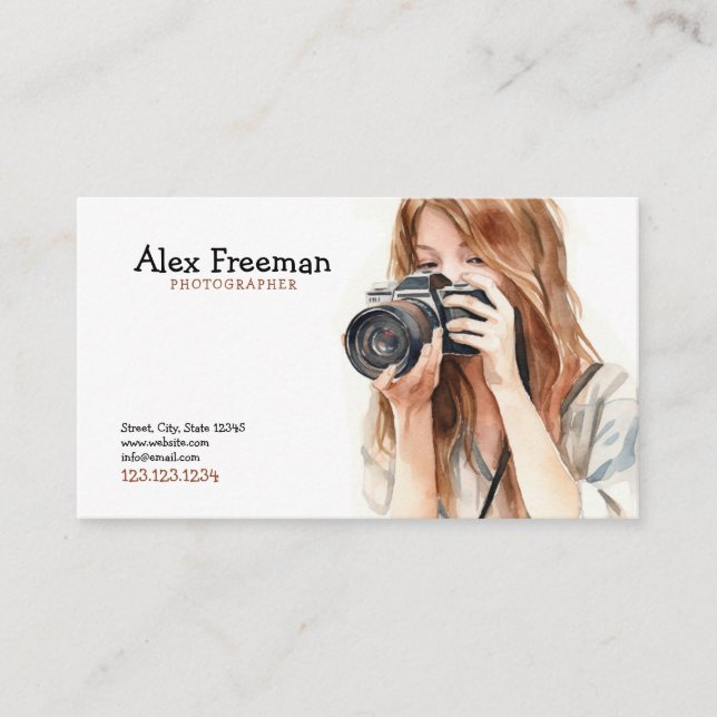 Watercolor White and Brown Female Photography Business Card (Front)
