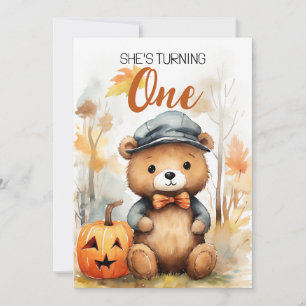 Watercolor White and Brown Woods Bear 1st Birthday Invitation
