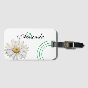 Watercolor White and Green Daisy Monogramed Luggage Tag