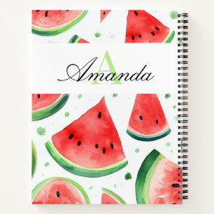 Watercolor White and Green Watermelon Monogramed Notebook