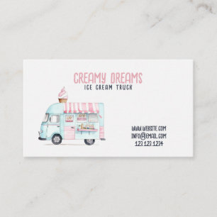Watercolor White and Pink Cute Ice Cream Truck Business Card