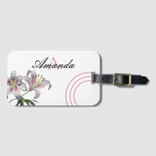 Watercolor White and Pink Lily Chic Monogramed Luggage Tag