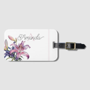 Watercolor White and Pink Lily Monogramed Luggage Tag