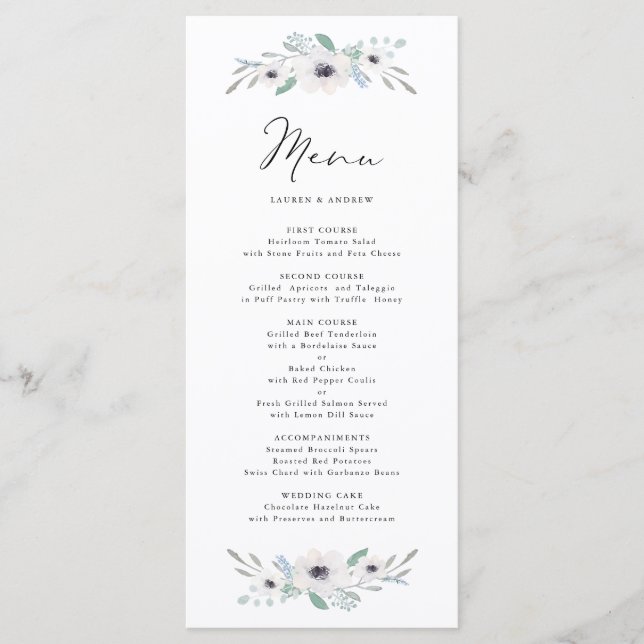 Watercolor White Anemones Botanical Menu Card (Front)