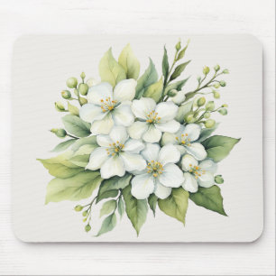 Watercolor White Apple Blossom Bouquet Mouse Mat