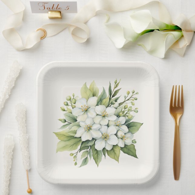 Watercolor White Apple Blossom Bouquet Paper Plate (Wedding)