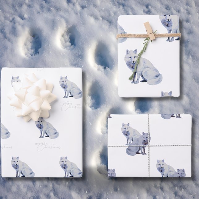 Watercolor White Arctic Fox Christmas Wrapping Paper Sheet (Creator Uploaded)