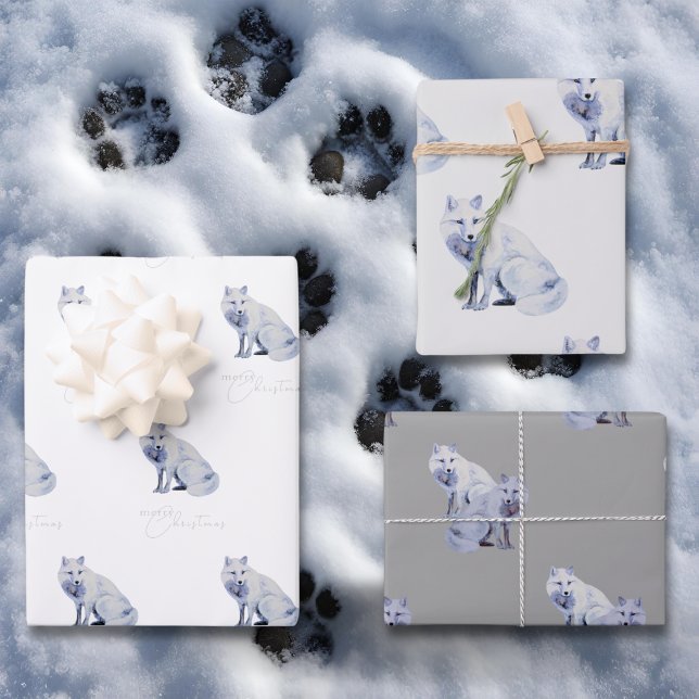 Watercolor White Arctic Fox Christmas Wrapping Paper Sheet (Creator Uploaded)