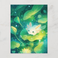 Watercolor White Axolotl in Green Lily Pad Pond