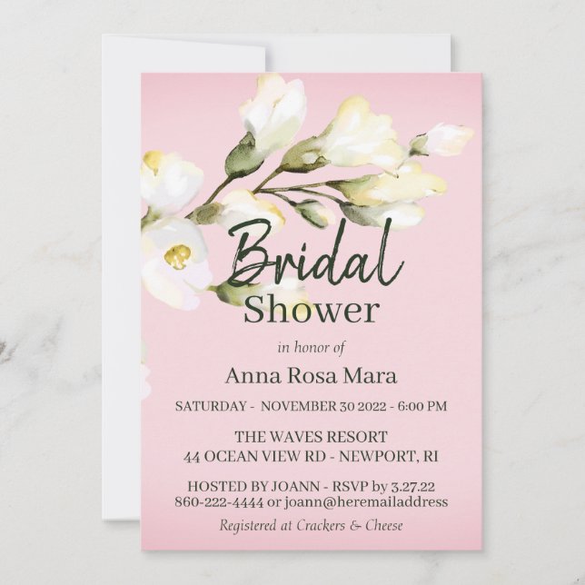 *~* Watercolor White Beach Rose Buds Bridal Shower Invitation (Front)