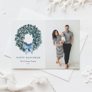 Watercolor White Berry Wreath Happy Hanukkah Photo Holiday Postcard