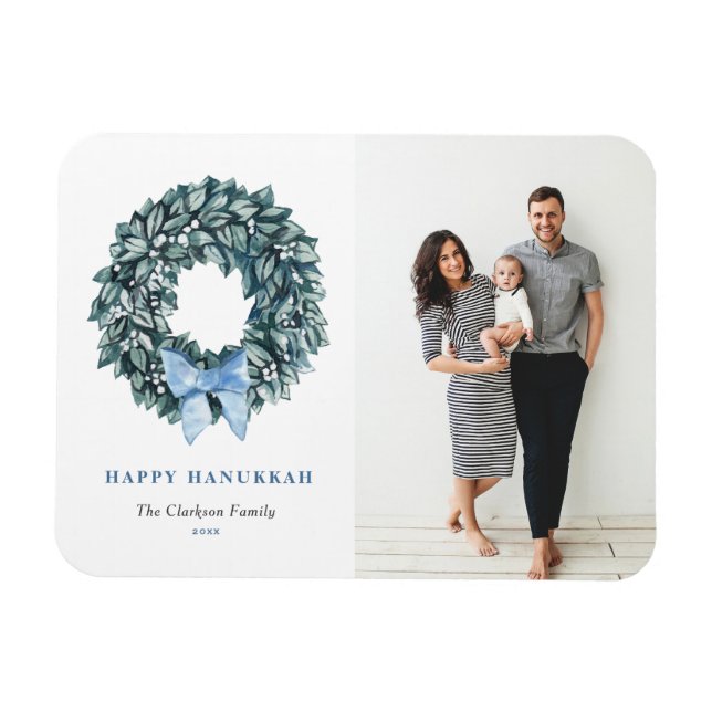 Watercolor White Berry Wreath Happy Hanukkah Photo Magnet (Horizontal)