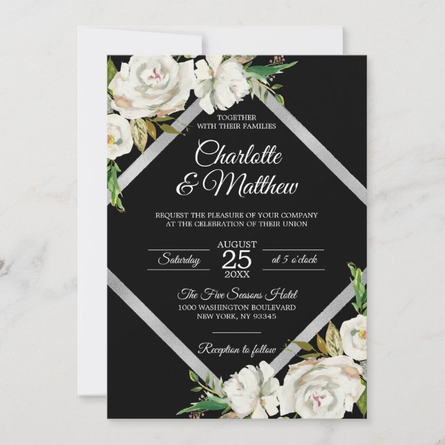 Watercolor White Black Floral Wedding Invitation (Front)