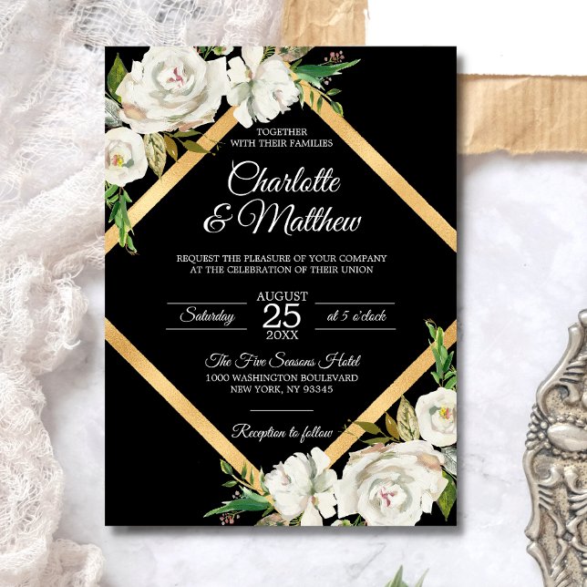 Watercolor White Black Gold Floral Wedding Invitation (Creator Uploaded)
