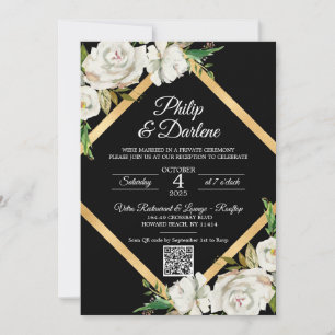 Watercolor White Black Gold Floral Wedding QR code Invitation