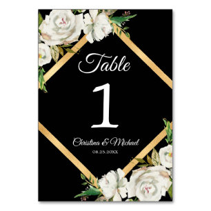 Watercolor White Black Gold Floral Wedding Table Number