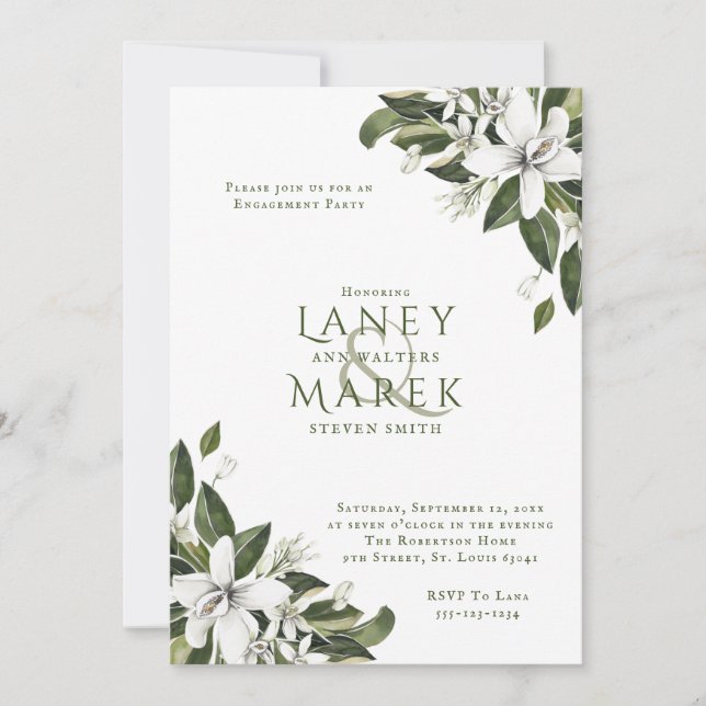 Watercolor White Blossoms Engagement Party Invitation (Front)