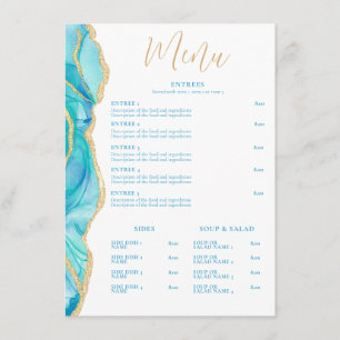 Watercolor White Blue Agate Elegant Restaurant Menu