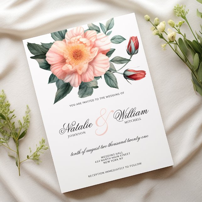 Watercolor white blush pink green floral wedding invitation (Watercolor white blush pink green floral wedding)