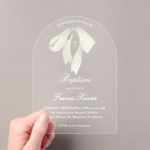 watercolor white bow Baptism Acrylic Invitations