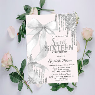 Watercolor White Bow Silver Glitter Drips Sweet 16 Invitation