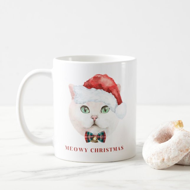 Watercolor White British Shorthair Cat Holiday Coffee Mug (With Donut)