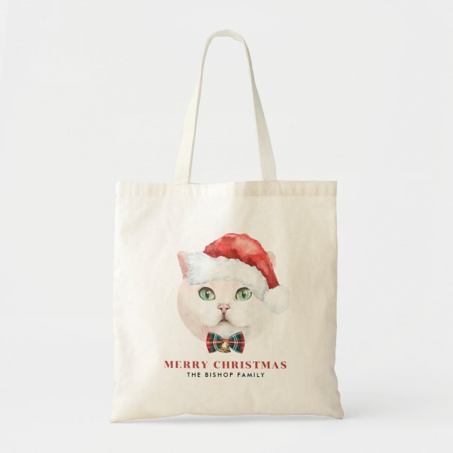 Watercolor White British Shorthair Cat Holiday Tote Bag (Front)