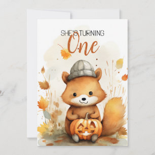 Watercolor White & Brown Fox Autumn 1st Birthday Invitation