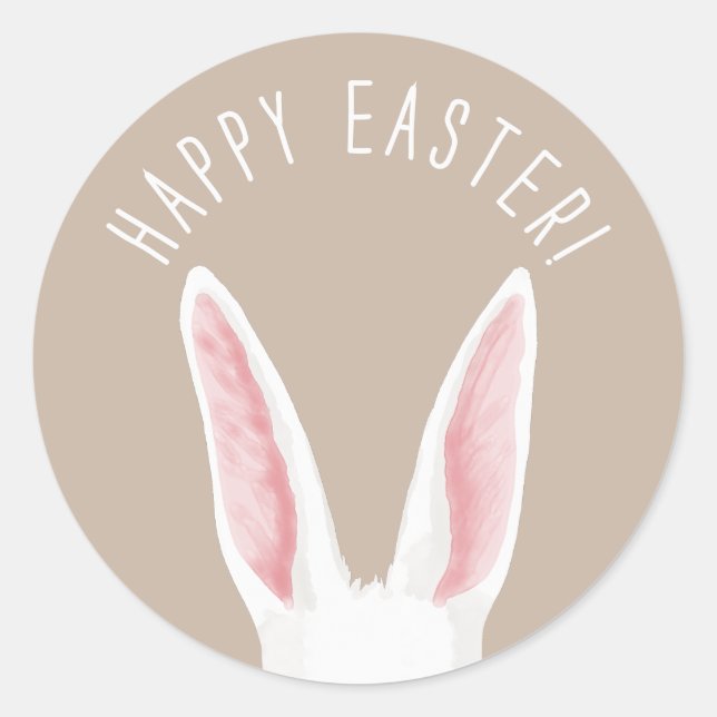 Watercolor White Bunny Ears Happy Easter Classic Round Sticker (Front)