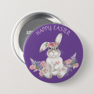 Watercolor White Bunny - Floral Happy Easter 7.5 Cm Round Badge