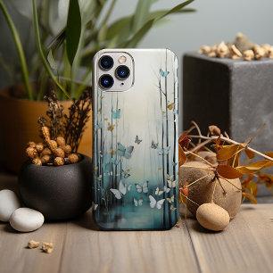 Watercolor, White Butterflies in Blue Forest iPhone 13 Pro Max Case