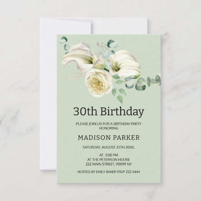 Watercolor White Calla Lilies Bouquet Birthday Invitation (Front)