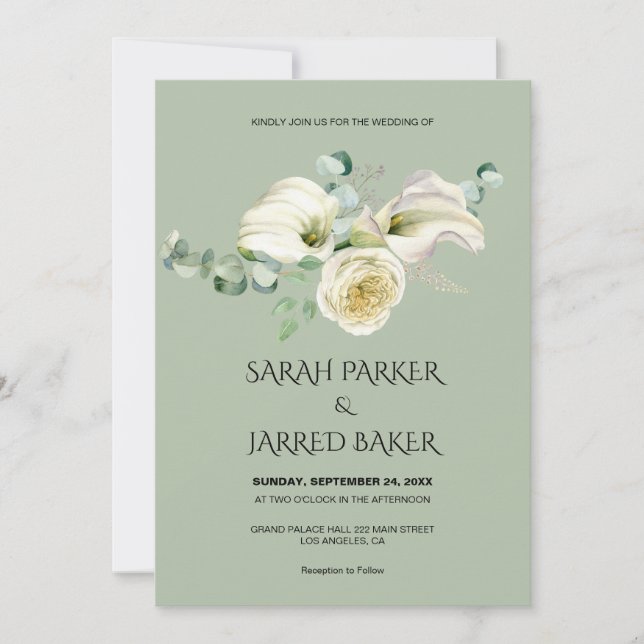 Watercolor White Calla Lilies Bouquet Wedding Invitation (Front)