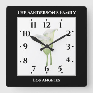 Watercolor White Calla Lily Illustration Black Square Wall Clock
