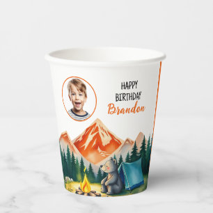 Watercolor White Camping Bear Kids Photo Birthday Paper Cups
