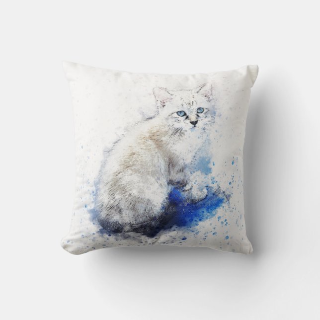 Watercolor White Cat  Cushion (Front)